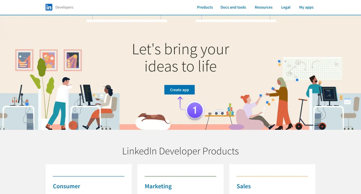 The Linkedin Developer dashboard's homepage. An arrow is pointing to the 'Create app' button.