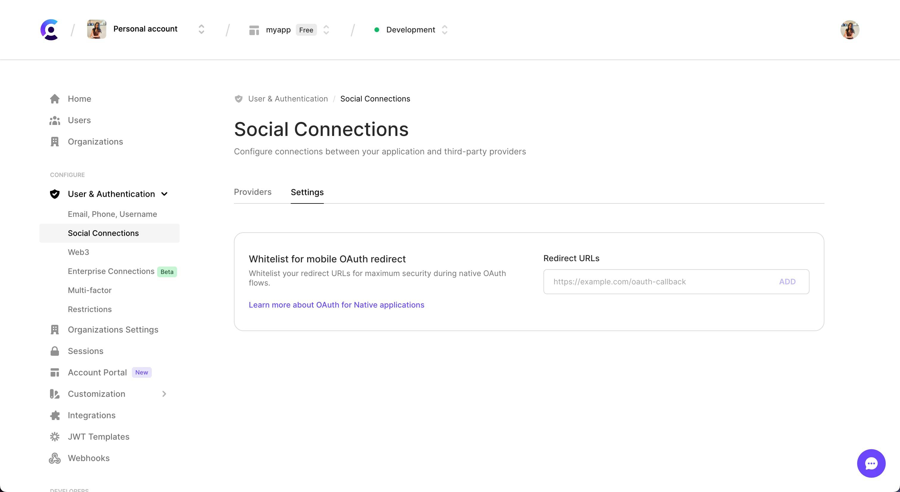 The 'Social Connections' page of the Clerk Dashboard, with the 'Settings' tab selected. The 'Settings' tab shows a section titled 'allowlist for mobile OAuth redirect' and has an input for redirect URLs.