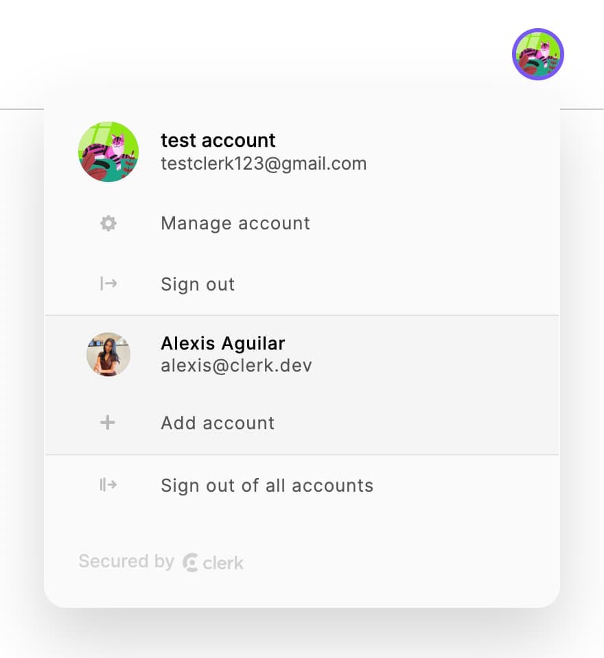The User Button component with multiple accounts signed in.