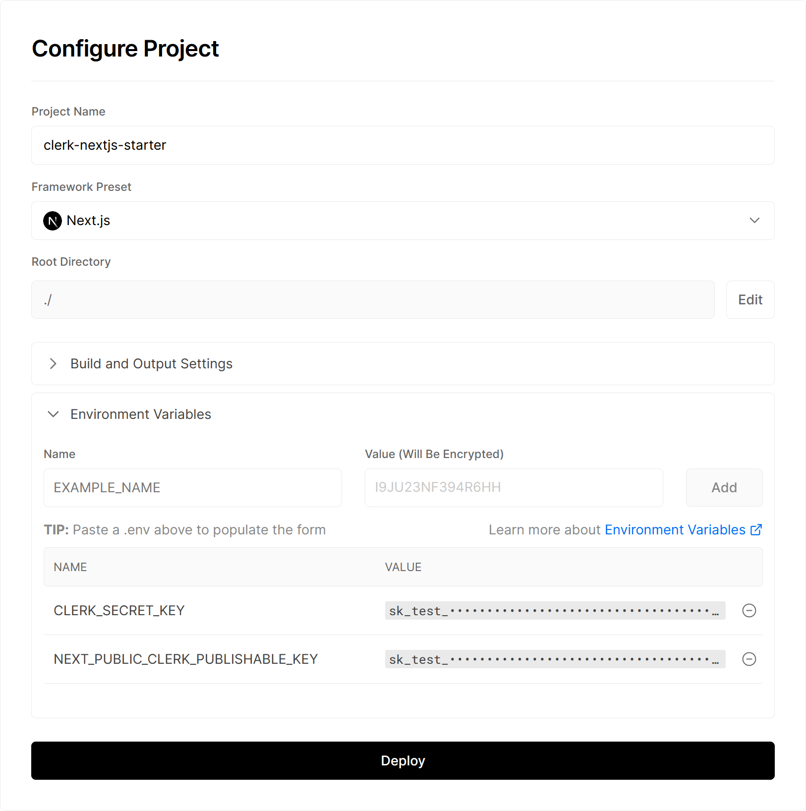 The "Configure Project" page allows you to add environment variables, select a framework preset, and more