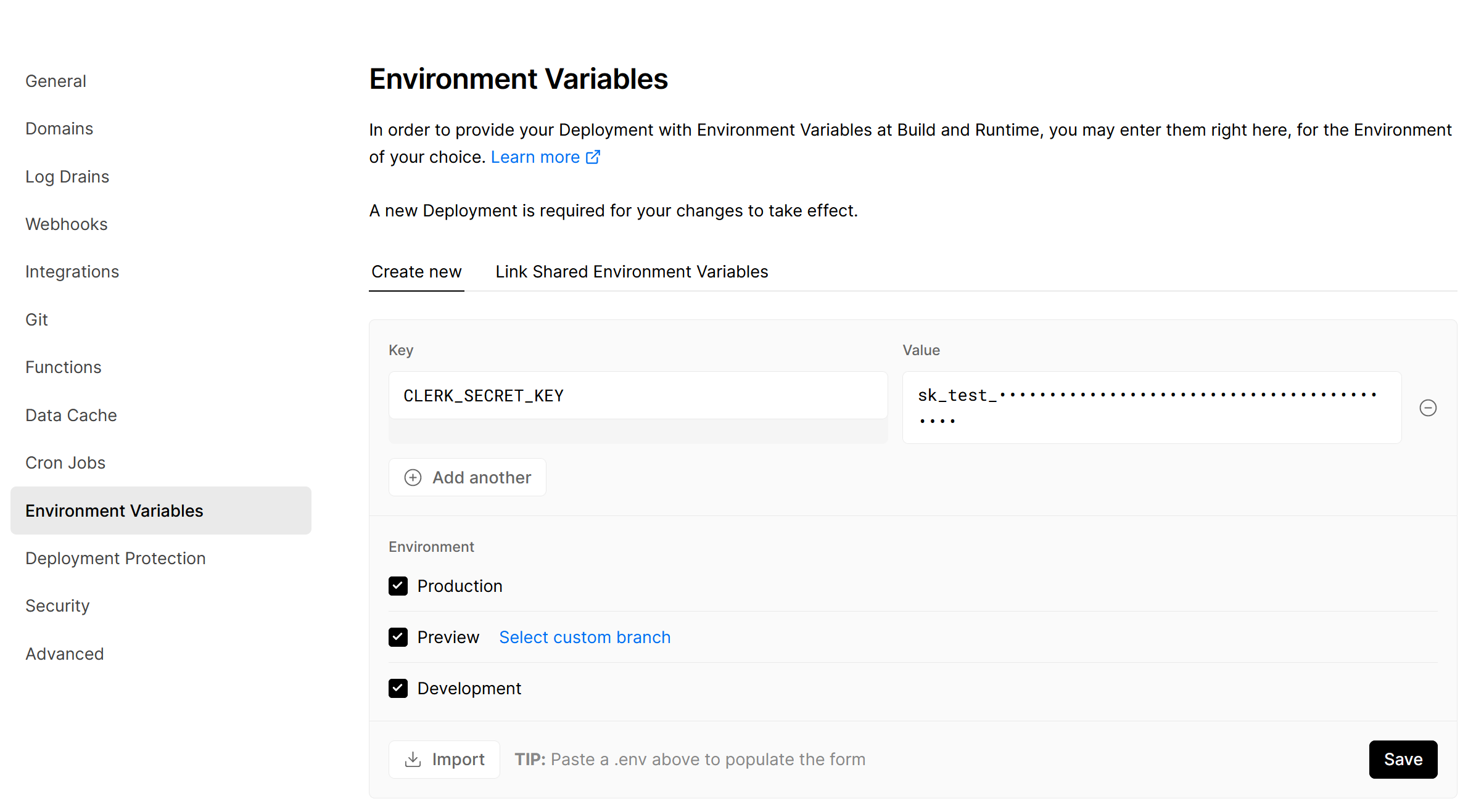 In the project settings for a Vercel project, there's a list of settings. Four items from the bottom is "Environment Variables"