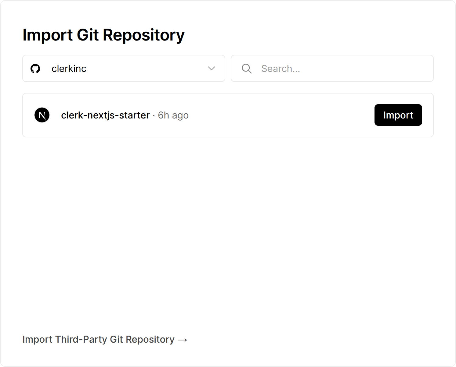 An "Import Git Repository" screen provides a few options, including selecting an organization and list of related repositories to import