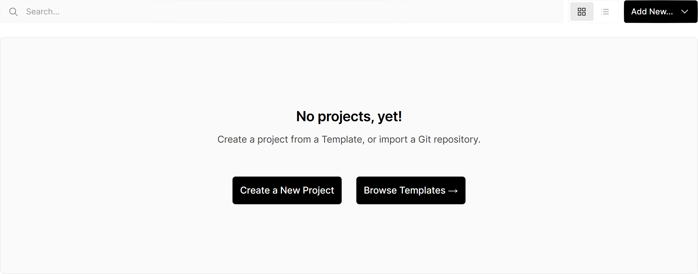 A Vercel dashboard with a "No projects, yet!" message. Buttons to create a new project and browse templates are present.