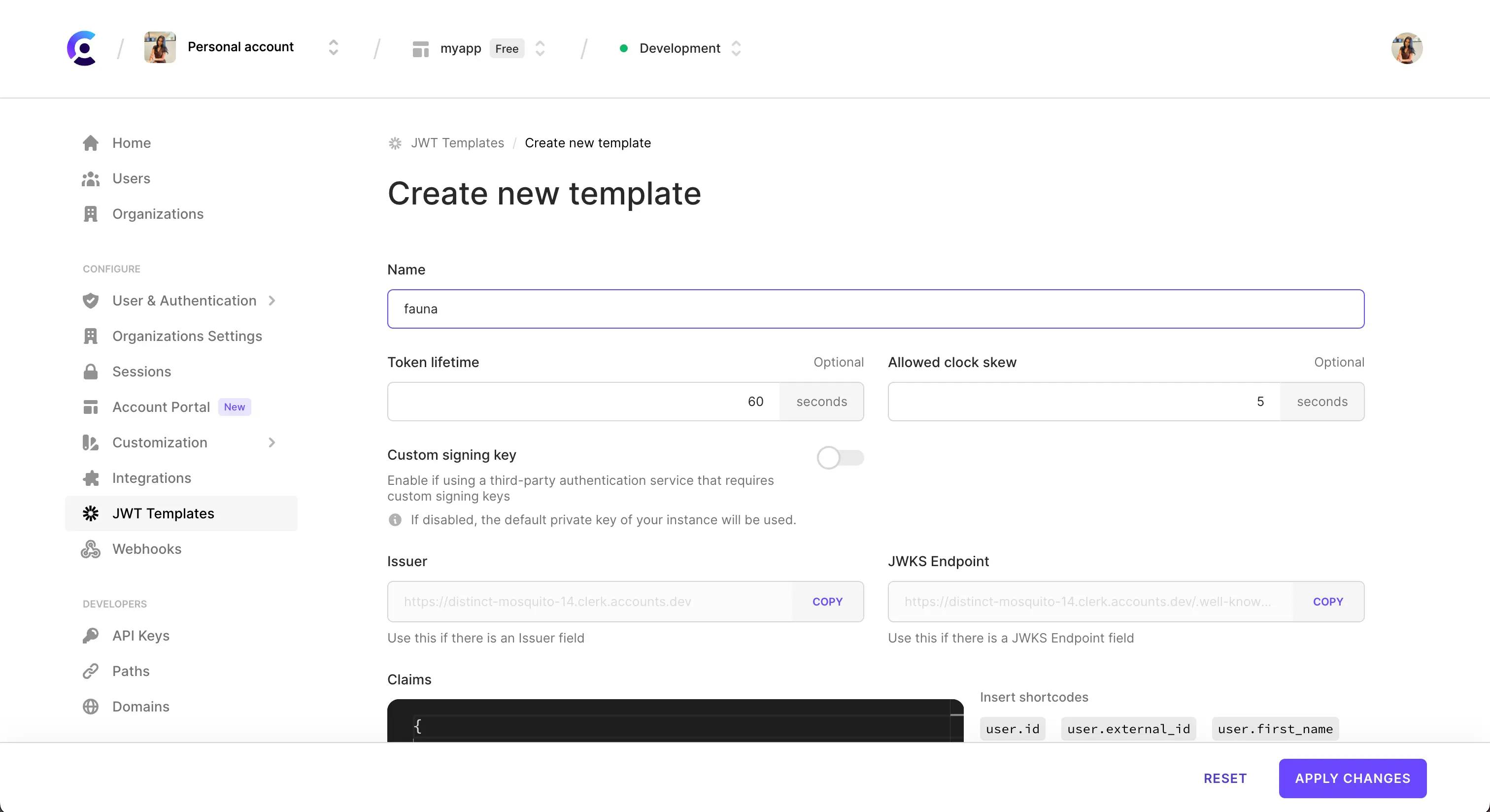 The 'Create new template' page of the JWT Templates page in the Clerk Dashboard.