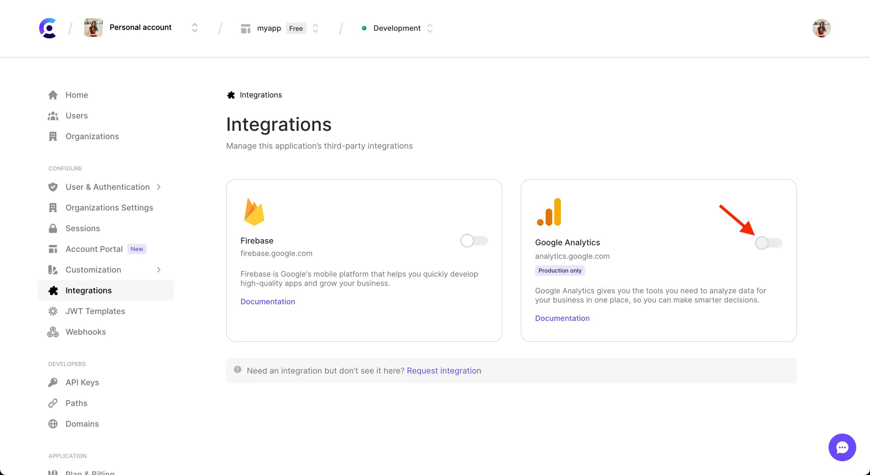 The Integrations page in the Clerk Dashboard. A red arrow points to the toggle next to 'Google Analytics'.
