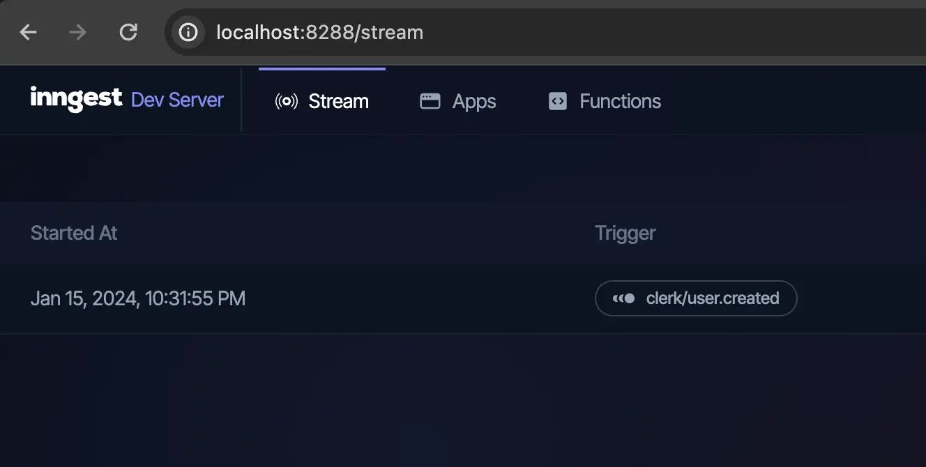 The Inngest Dev Server showing the Stream tab. The forwarded event is visible in the stream.