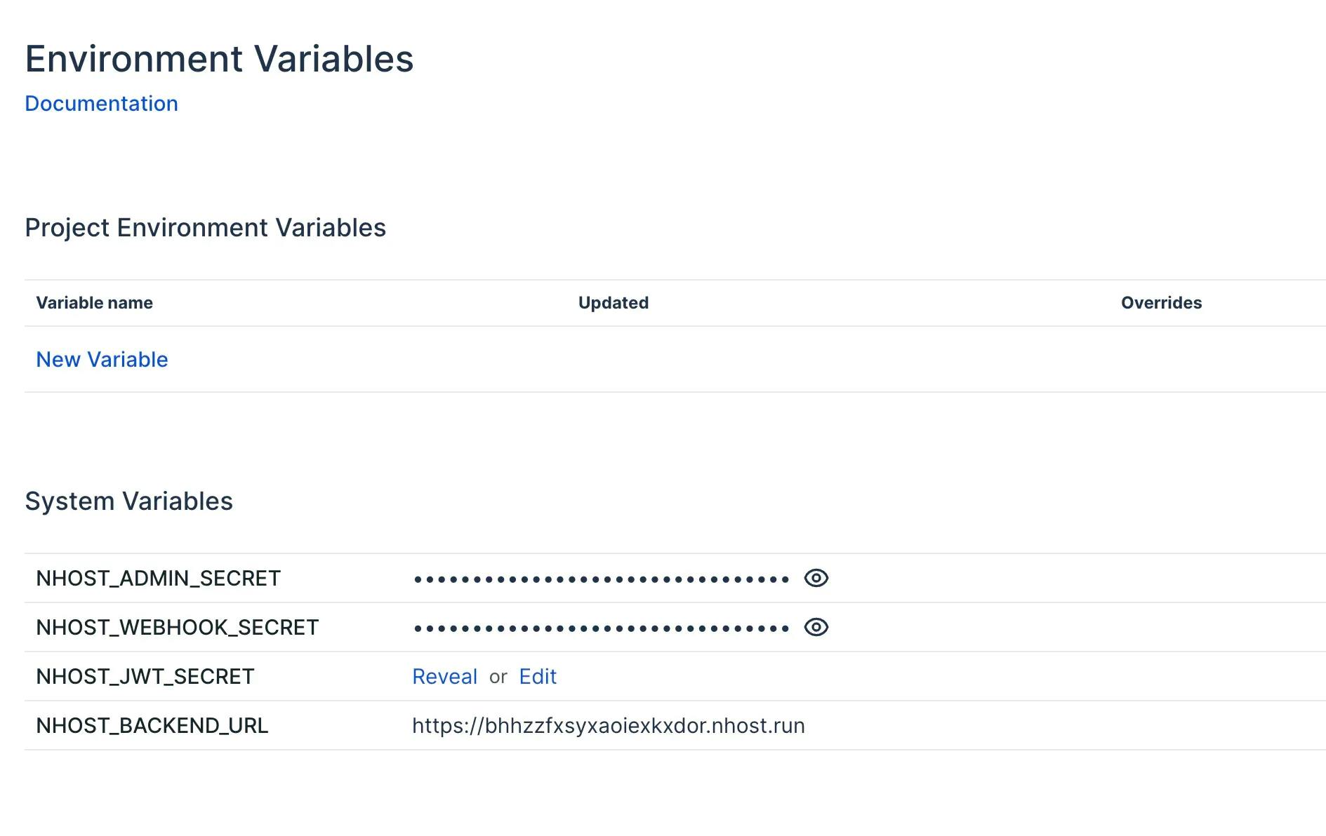 The Environment variables page in the Nhost dashboard.