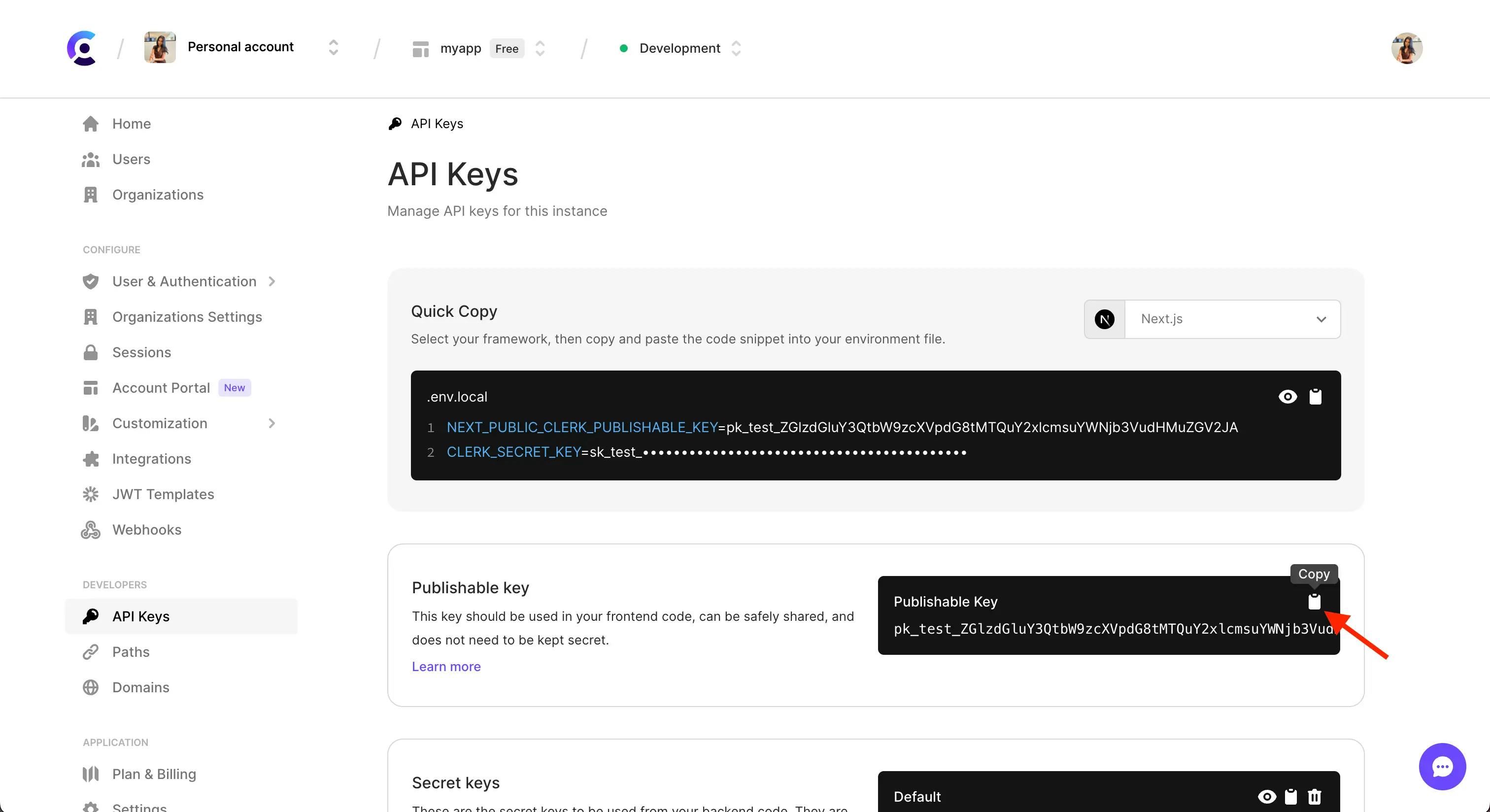 The API keys page in the Clerk Dashboard. There is a red arrow pointing to the copy button next to the 'Publishable key'.