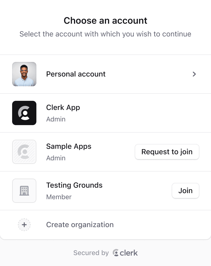 Organization selection component for a Next.js application, allowing users to choose between their personal account and various organizations, with options to join or request access.