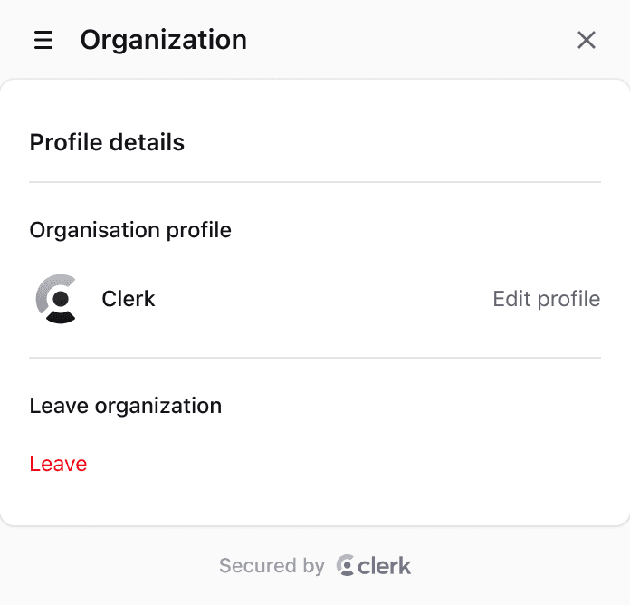 Organization settings component for a Next.js application, displaying options to manage the organization profile, verified domains, and the option to leave the organization.