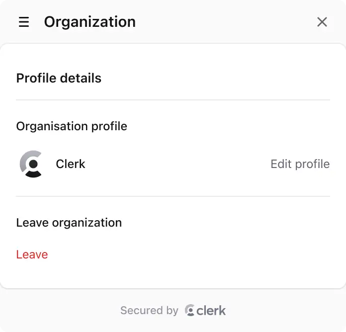 Clerk organization profile component with options to manage the profile and member settings.