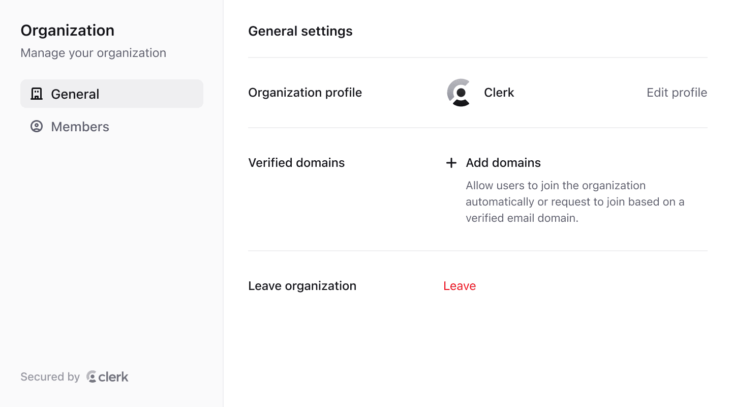 Organization settings component for a Next.js application, displaying options to manage the organization profile, verified domains, and the option to leave the organization.