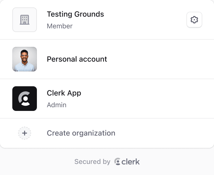 Organization and account overview screen for a Next.js application, showing user roles in various organizations, including options to create a new organization.