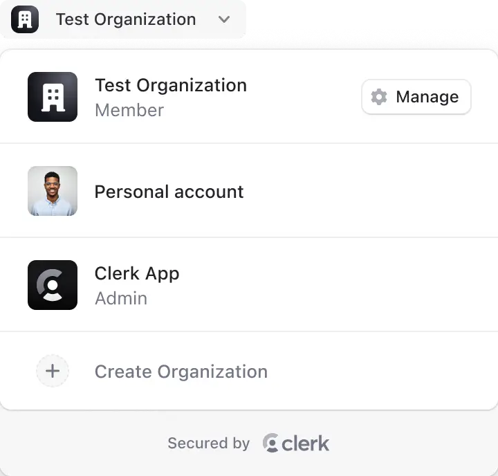 Clerk organization switcher component expanded to display a list of available organizations and a button to create a new organization.