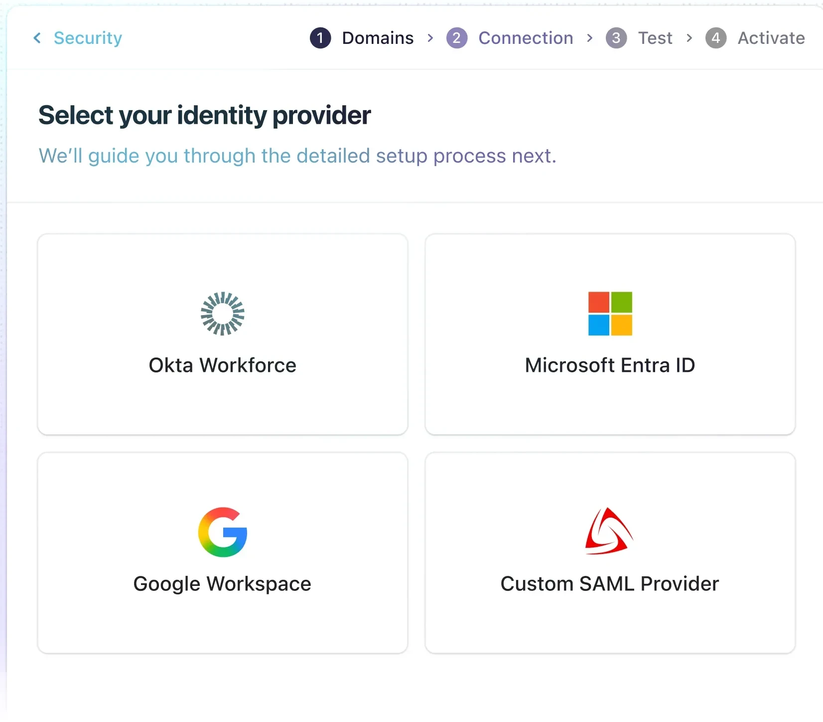 A customer's IT admin choosing their identity provider — Okta Workforce, Microsoft Entra ID, Google Workspace, or a custom SAML provider — inside the Security tab, with steps for domains, connection, test, and activate.