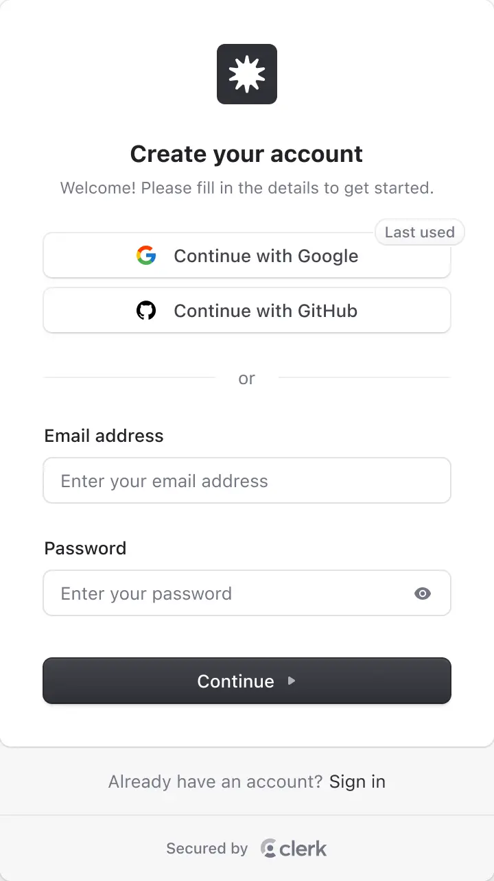 Clerk sign up component with input fields for first name, last name, username, email, phone number, and password.