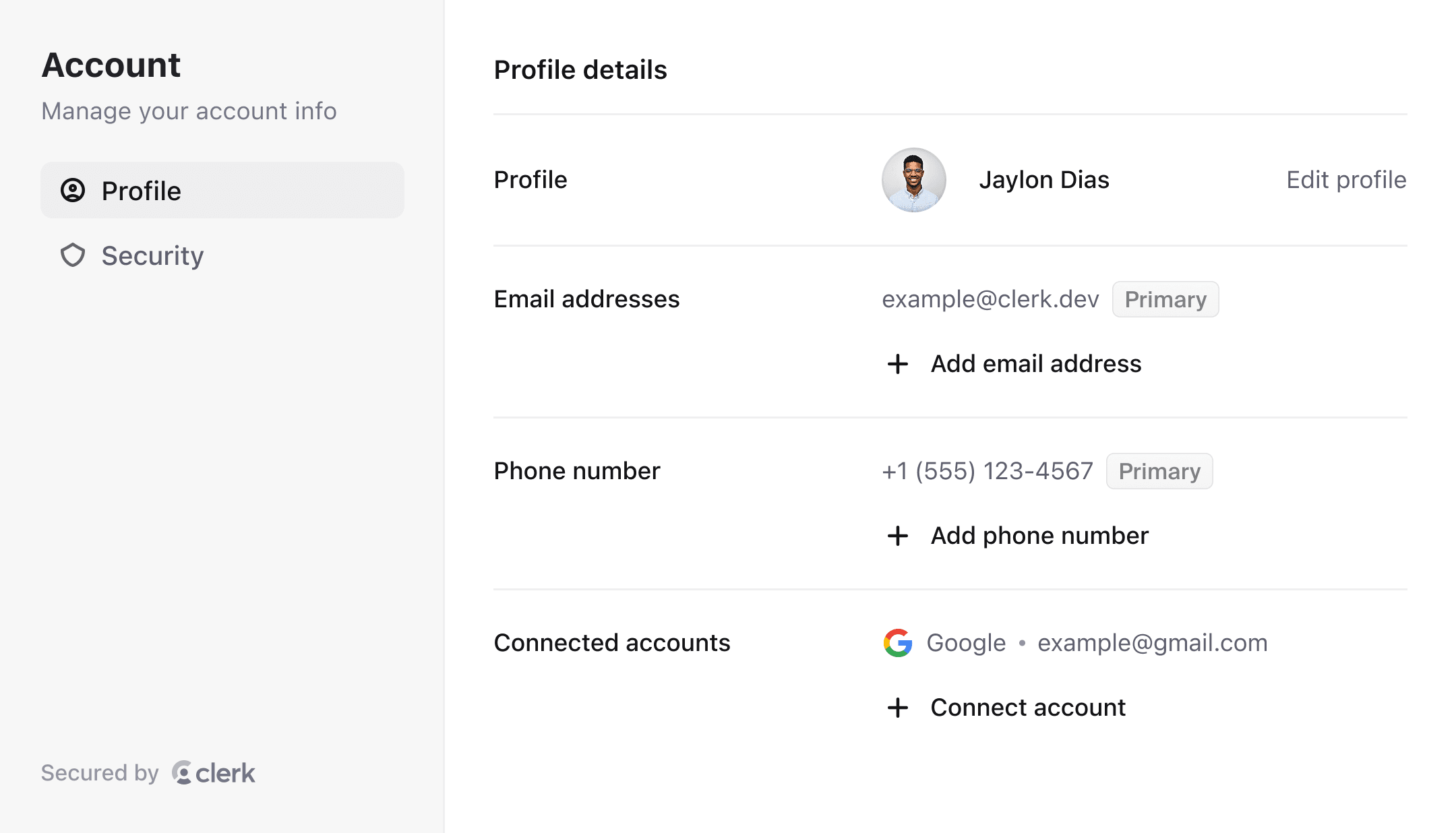 Clerk user profile component with options to manage profile and security settings.