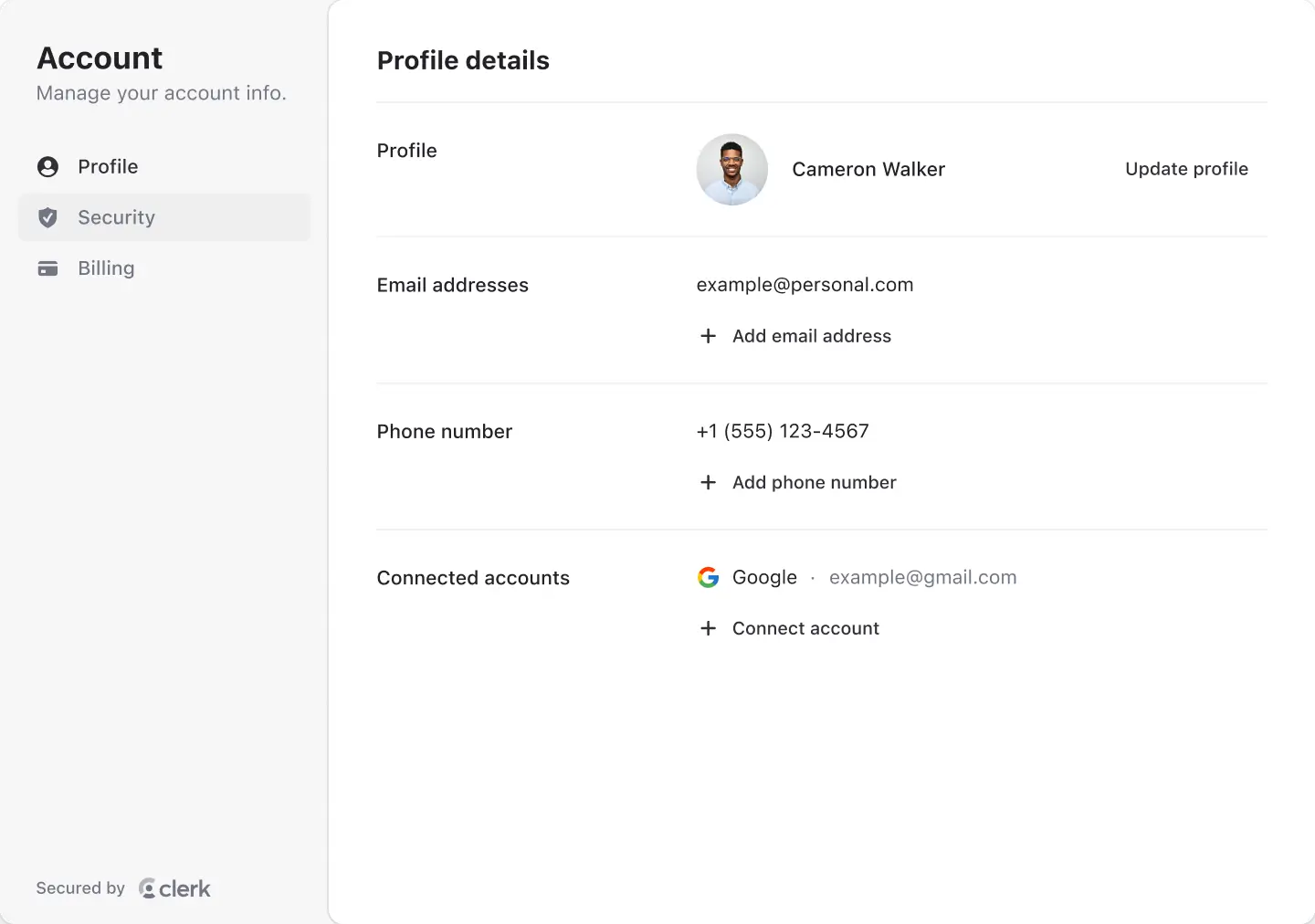 Clerk user profile component with options to manage profile and security settings.