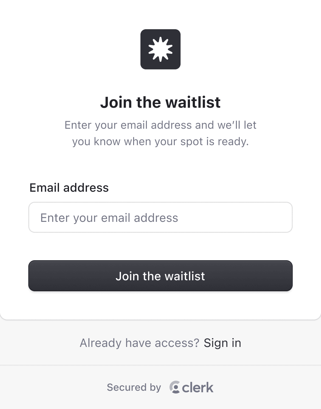 Clerk waitlist component with an input field for email address and a button to join the waitlist.