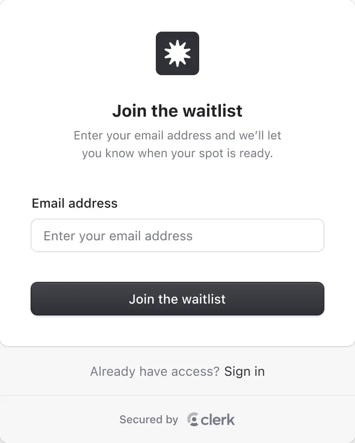 Clerk waitlist component with an input field for email address and a button to join the waitlist.