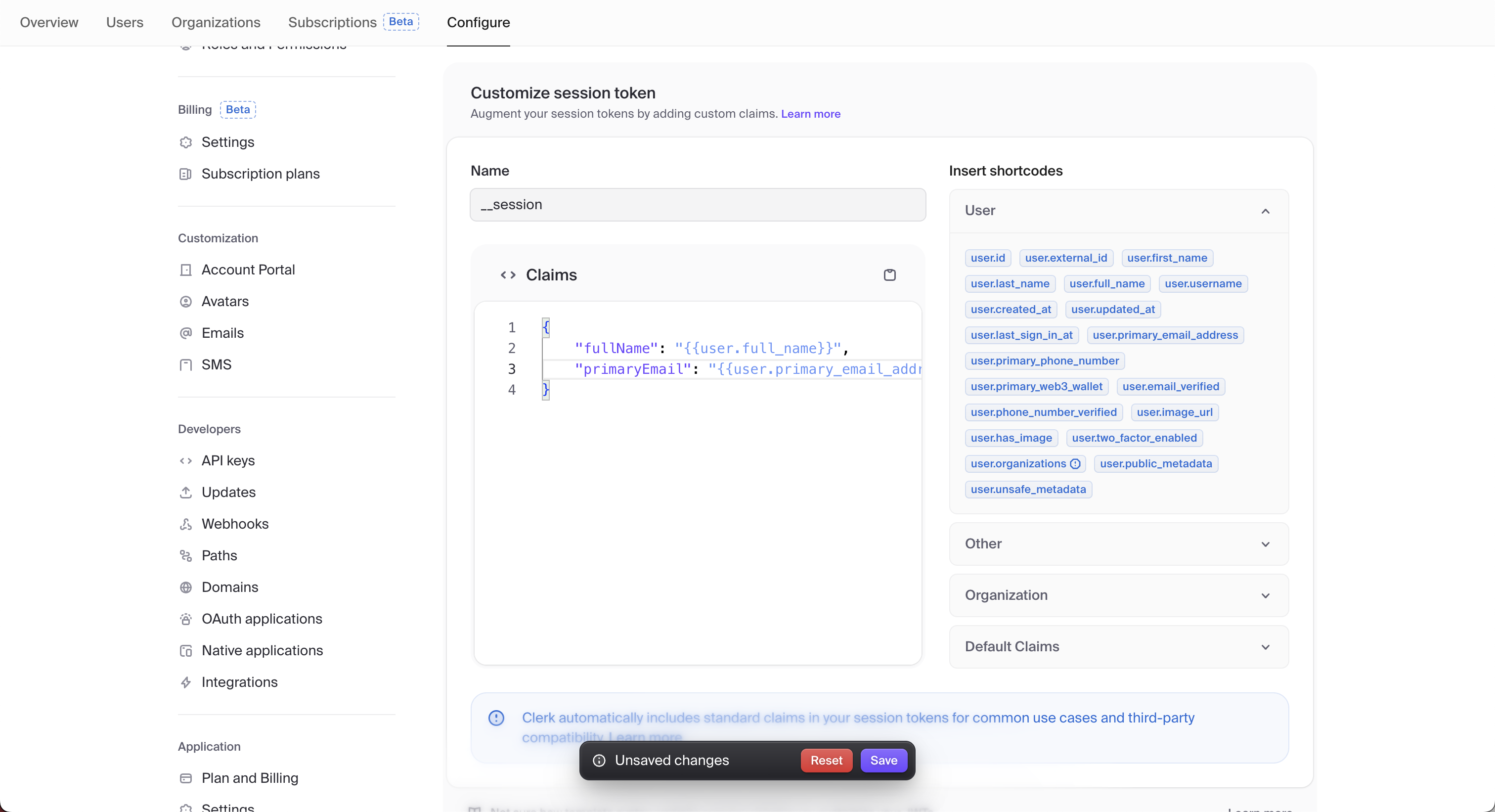 Clerk Dashboard showing the custom claim modal