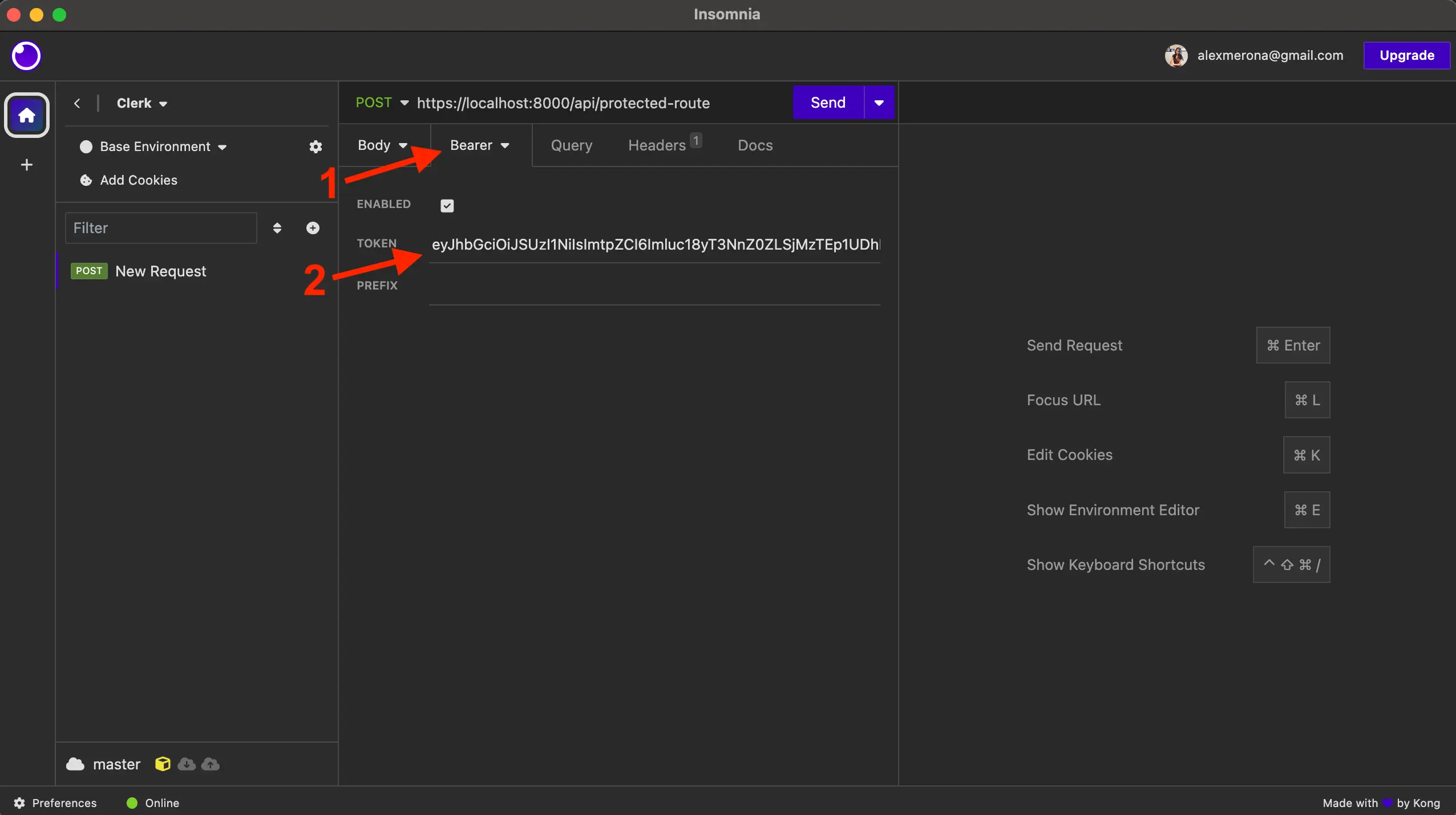 The Insomnia app with the first red arrow pointing at the Auth tab which has been switched to the 'Bearer token' option. The second red arrow points at the token field with the token pasted in