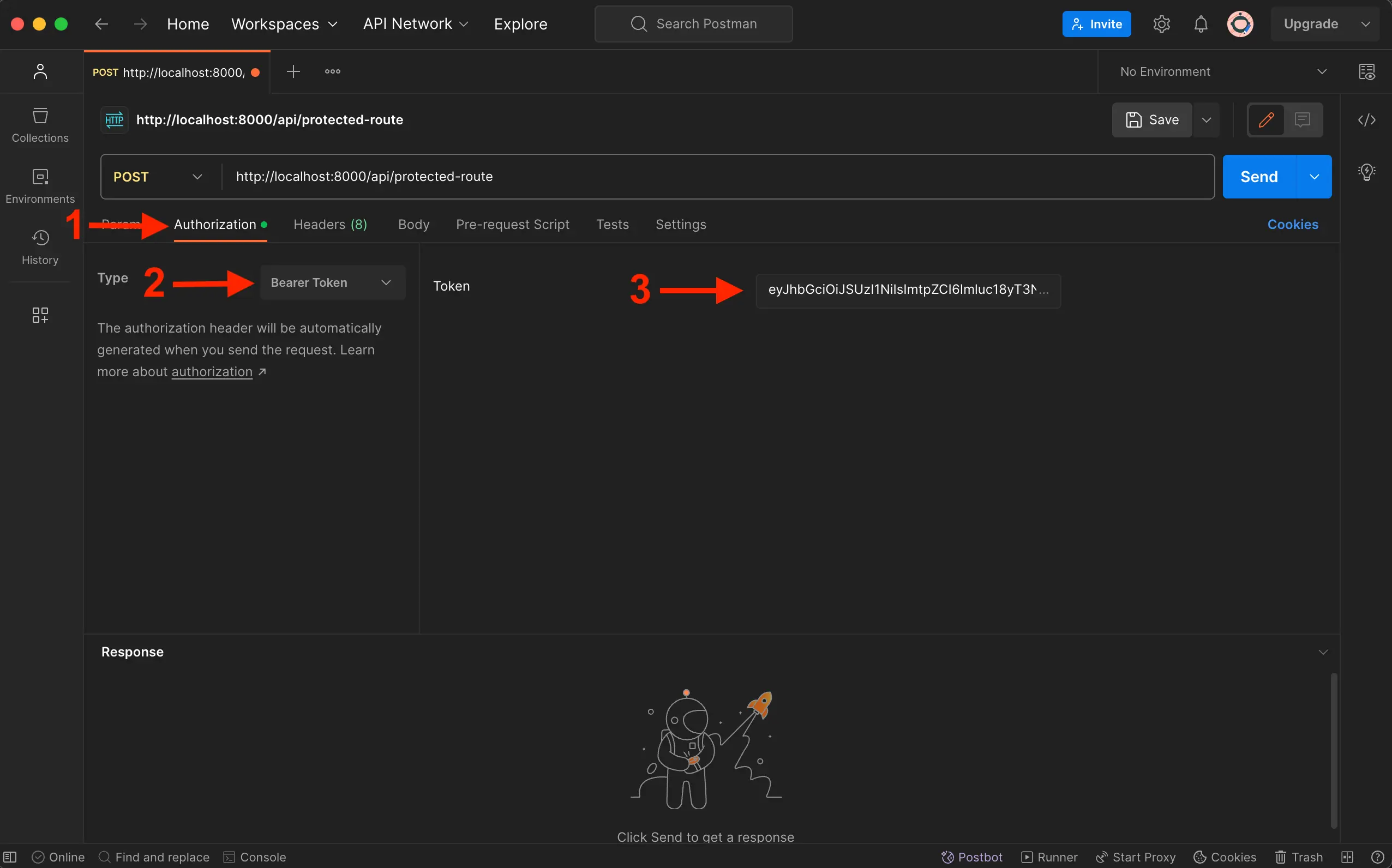The Postman app with the first red arrow pointing at the Authorization tab, the second red arrow pointing at the token type with 'Bearer token' chosen, and a third red arrow pointing at the token field with the token pasted in