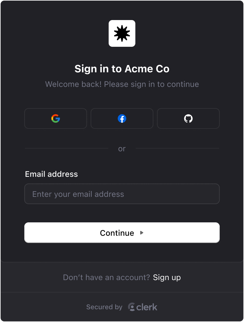 A sign-in form with a light/dark theme in dark mode