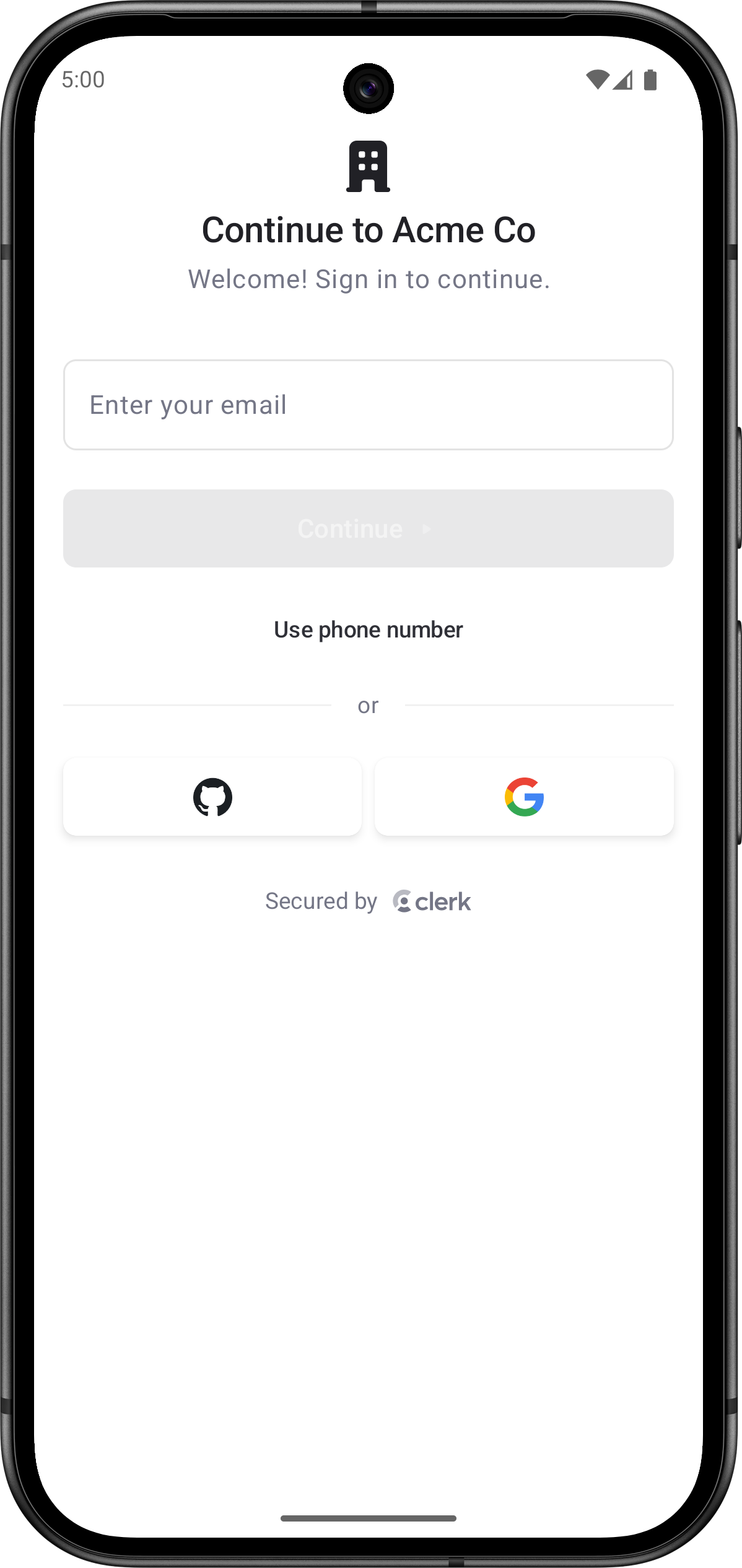 The AuthView renders a comprehensive authentication interface that handles both user sign-in and sign-up flows on Android.