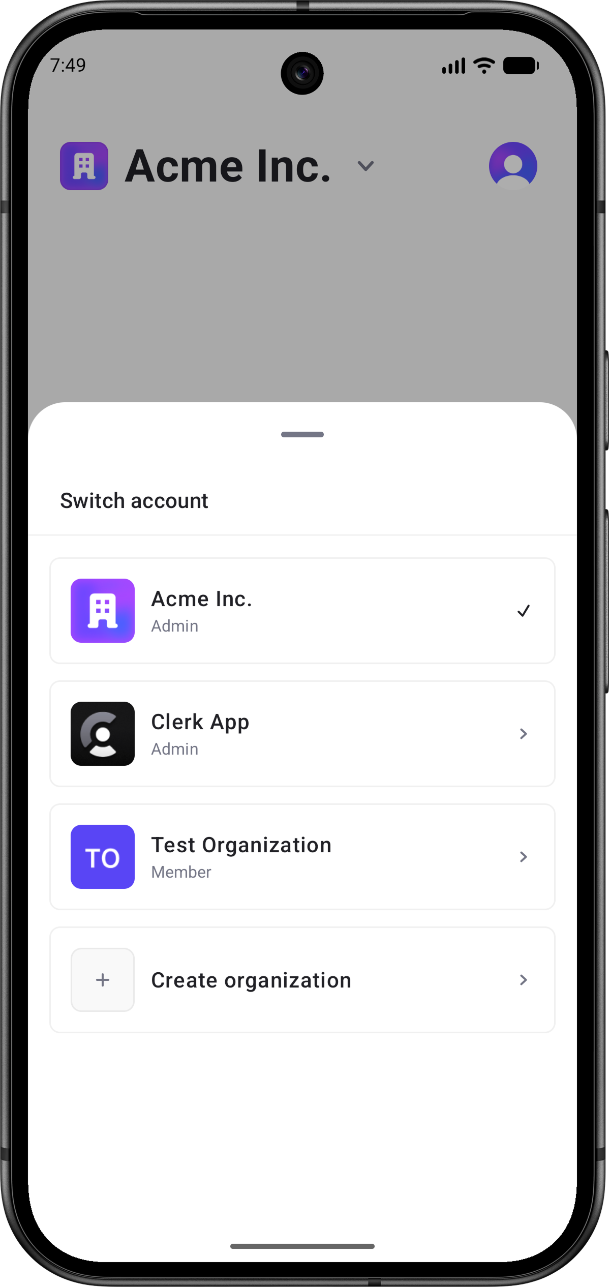 The OrganizationListView renders a standalone account picker for choosing between the user's Personal Account and Organization accounts.