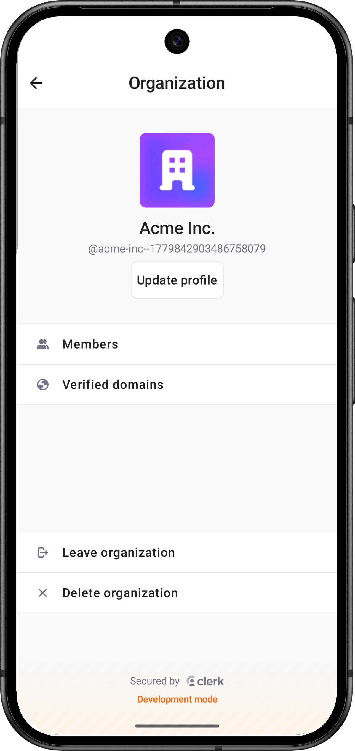 The OrganizationProfileView renders the Active Organization's management interface, including members, domains, and other Organization settings.