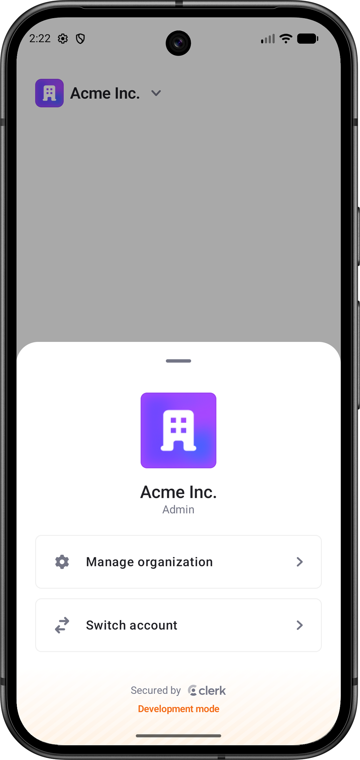 The OrganizationSwitcher renders an account switcher interface that lets signed-in users switch between their Personal and Organization accounts.