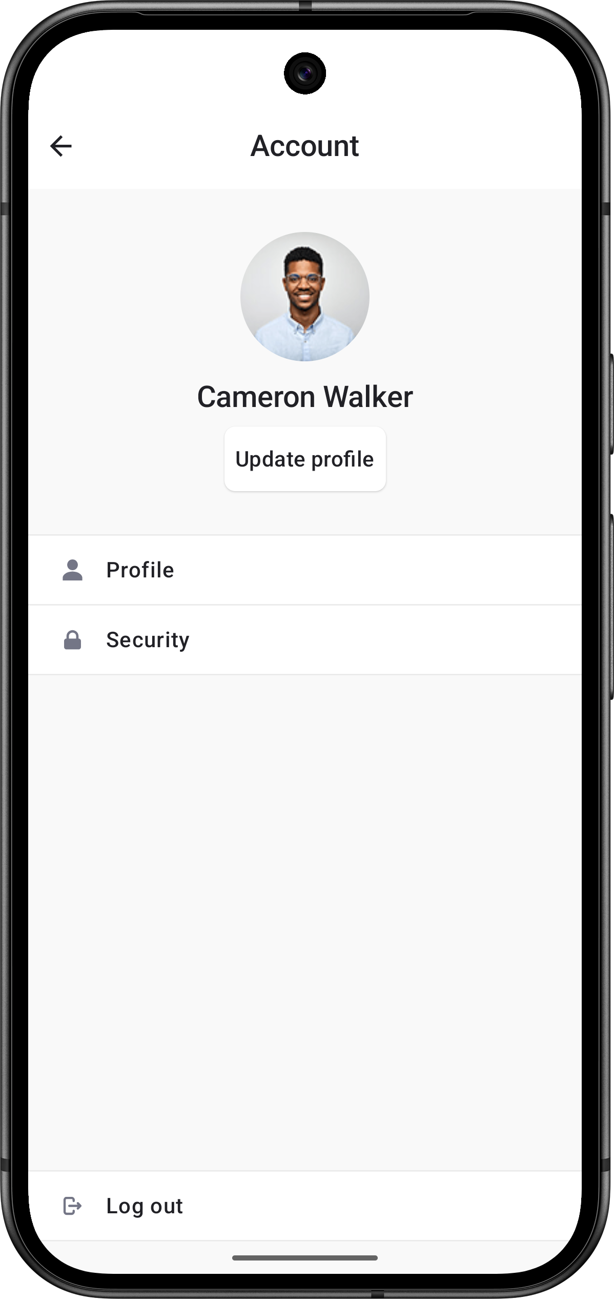 The UserProfileView renders a comprehensive user profile interface that displays user information and provides account management options on Android.