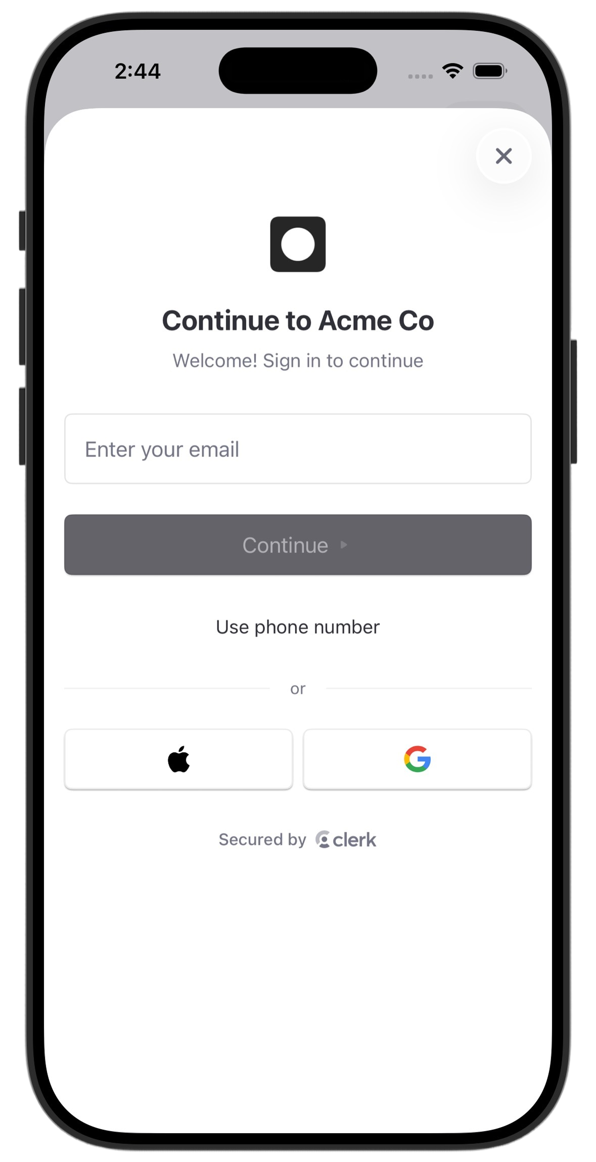 The AuthView renders a comprehensive authentication interface that handles both user sign-in and sign-up flows on iOS.