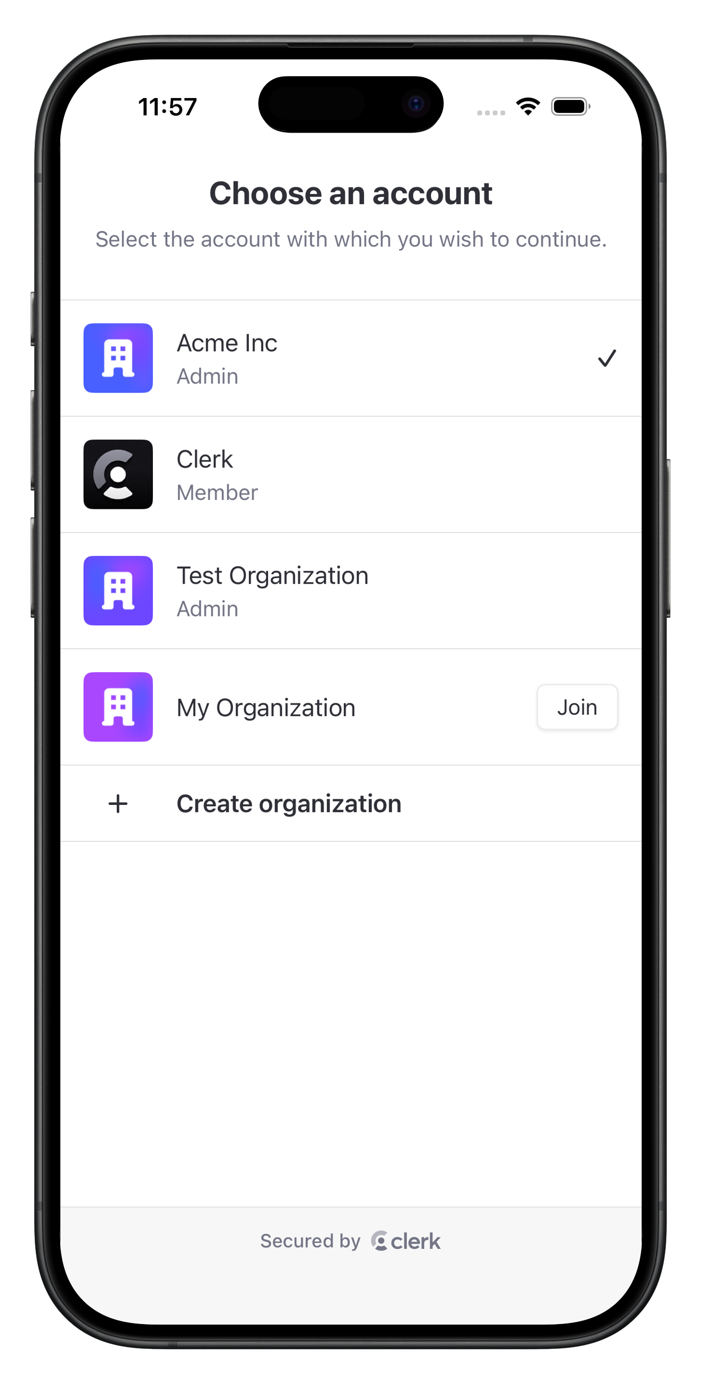 The OrganizationListView renders a standalone account picker for choosing between the user's Personal Account and Organization accounts.