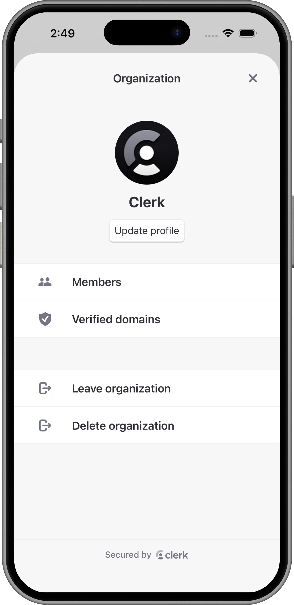 The OrganizationProfileView renders the Active Organization's management interface, including members, domains, and other Organization settings.