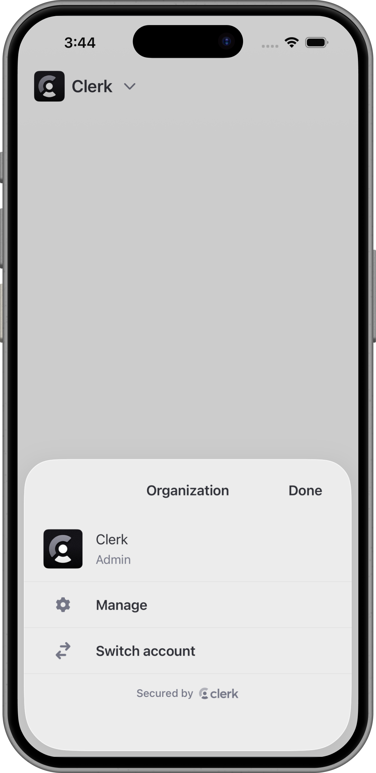The OrganizationSwitcher renders an account switcher interface that lets signed-in users switch between their Personal and Organization accounts.