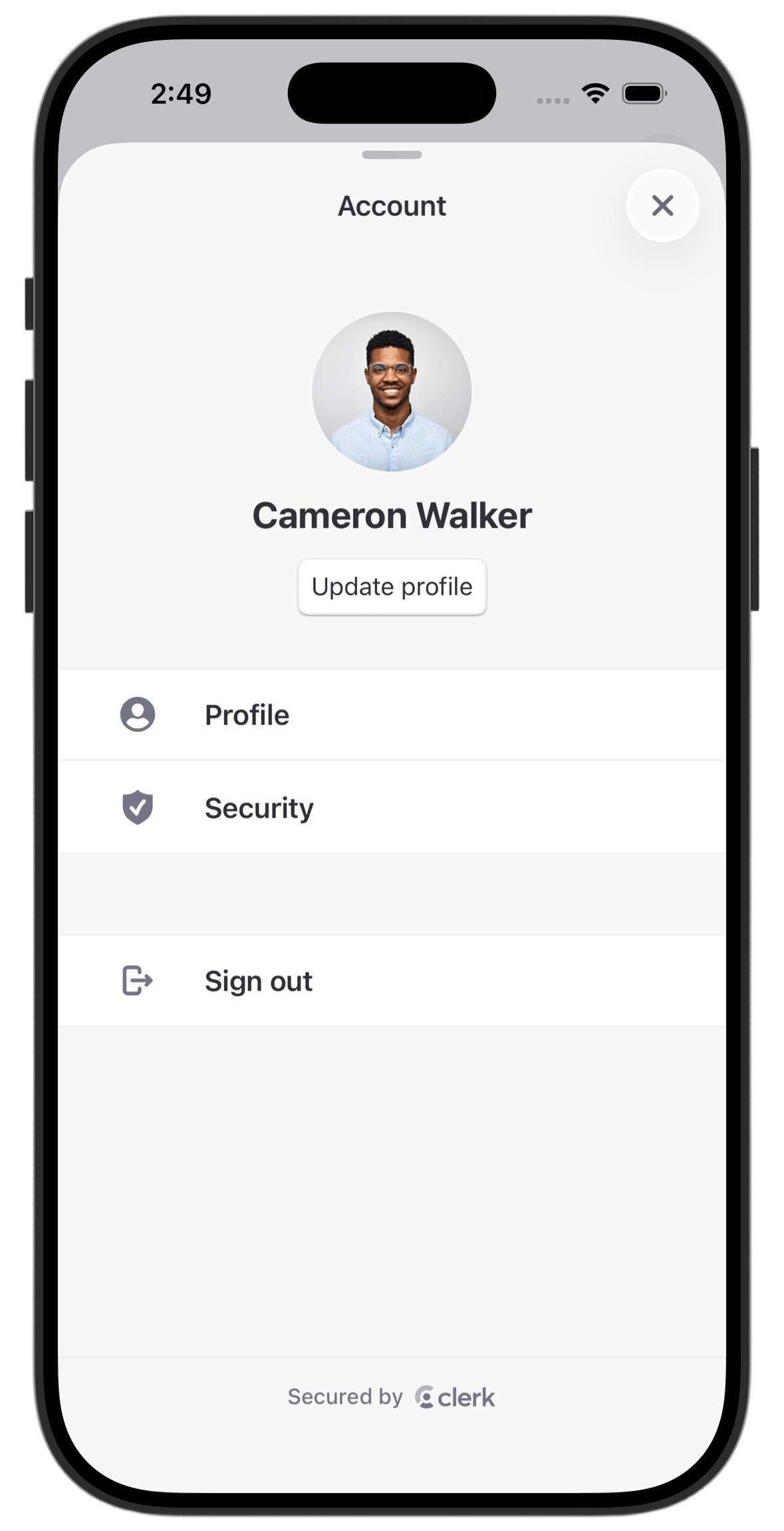 The UserProfileView renders a comprehensive user profile interface that displays user information and provides account management options on iOS.