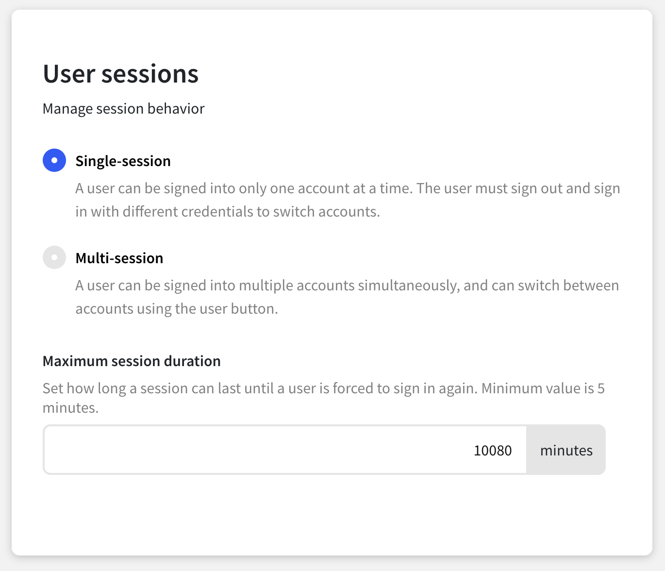User sessions settings