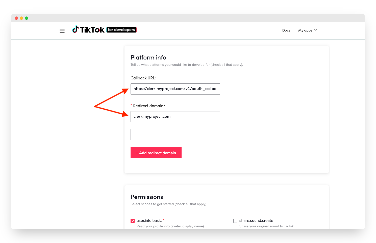 Filling in the Callback URL and Redirect Domain fields