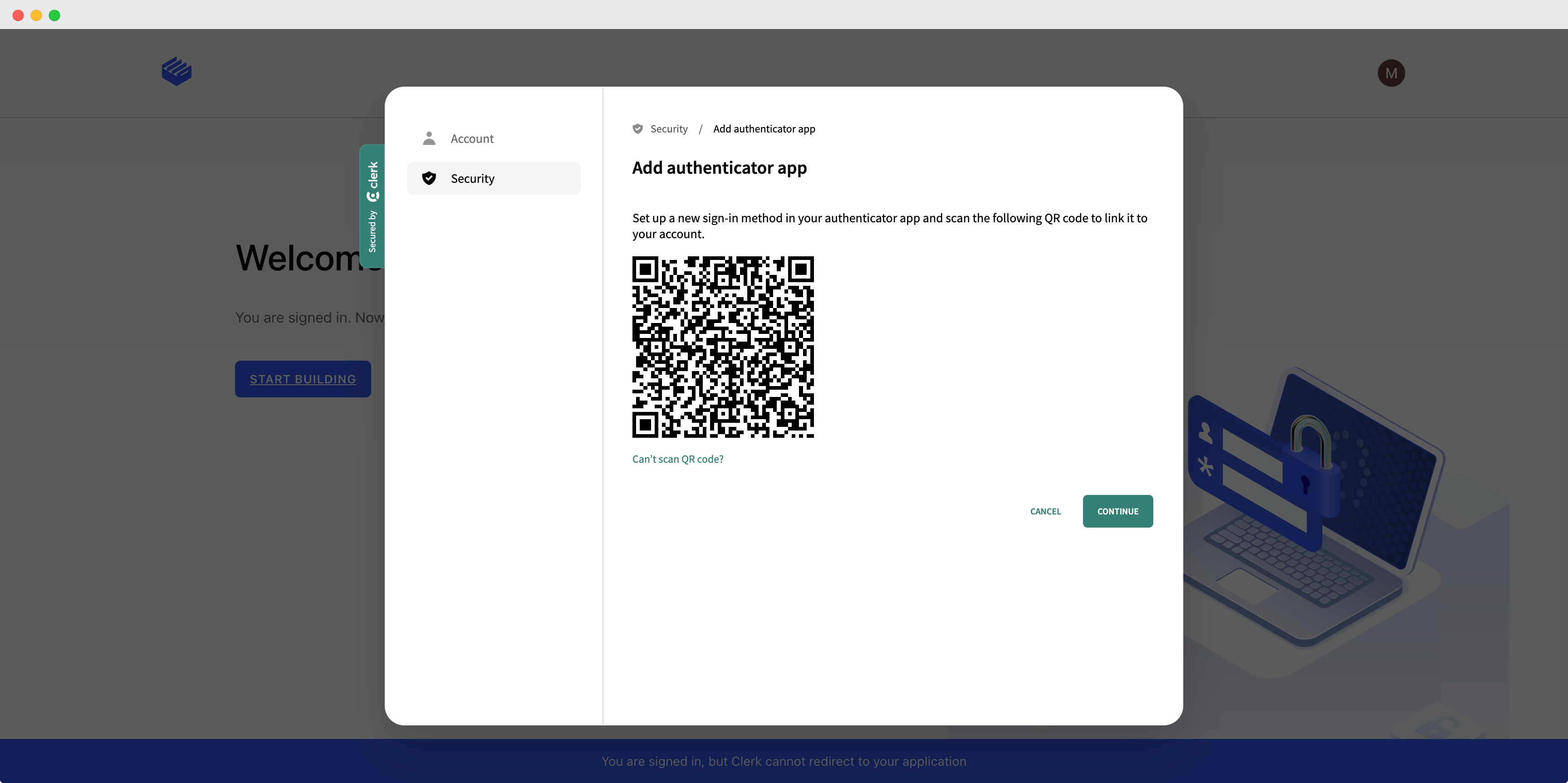 QR code for registering Clerk on an authenticator application