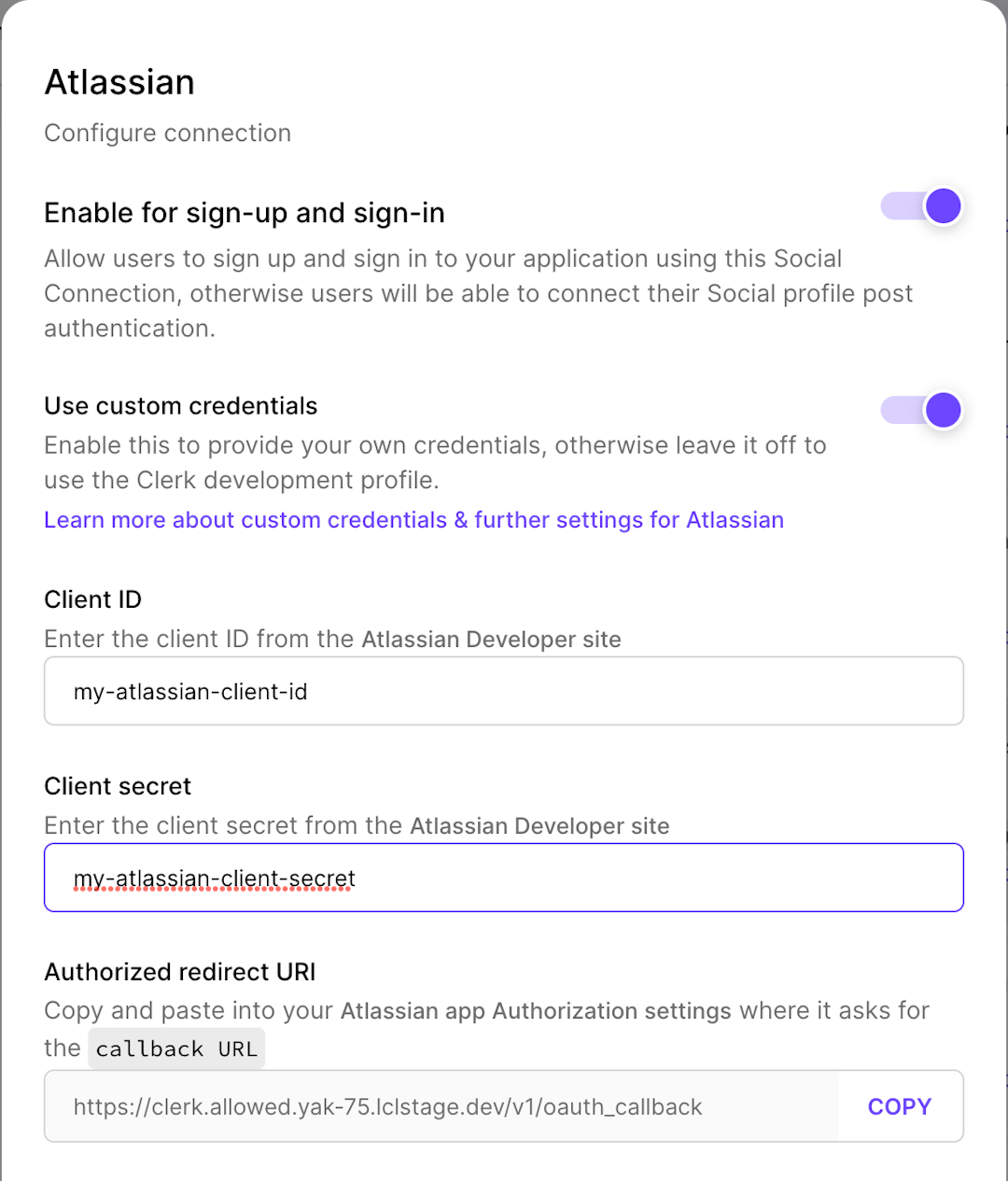 Client ID and Client Secret inputs for Atlassian connection