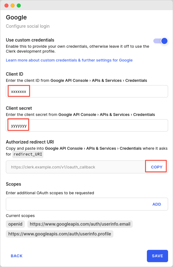 Client ID and Client secret filled in. Authorized redirect URI copied and entered into Google Cloud Platform console.
