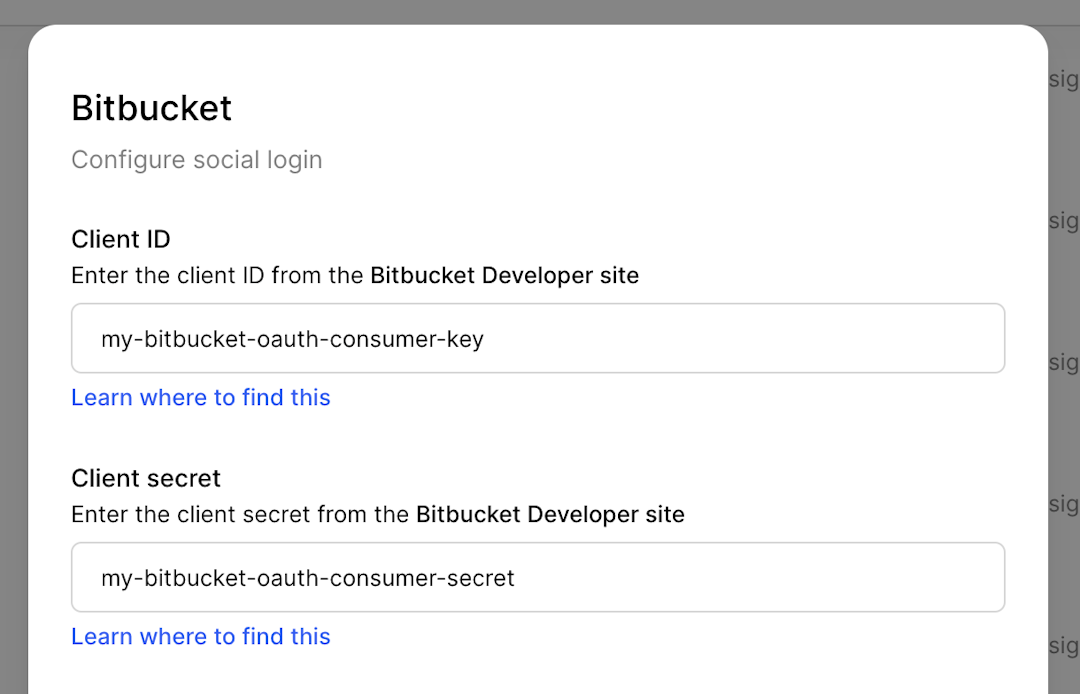 Client ID and Client Secret inputs for Bitbucket connection