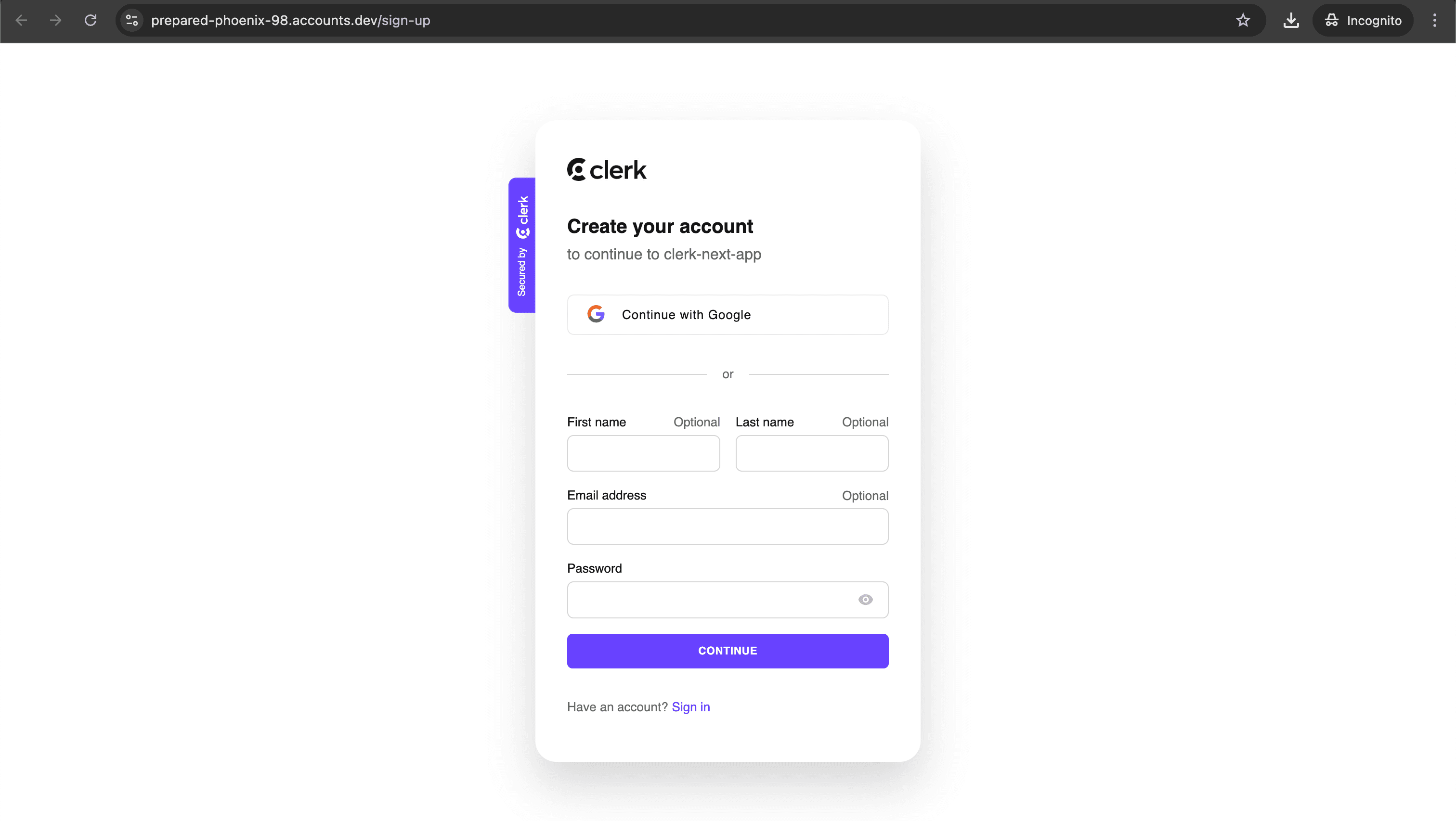 The Account Portal sign-up page hosts the <SignUp /> component