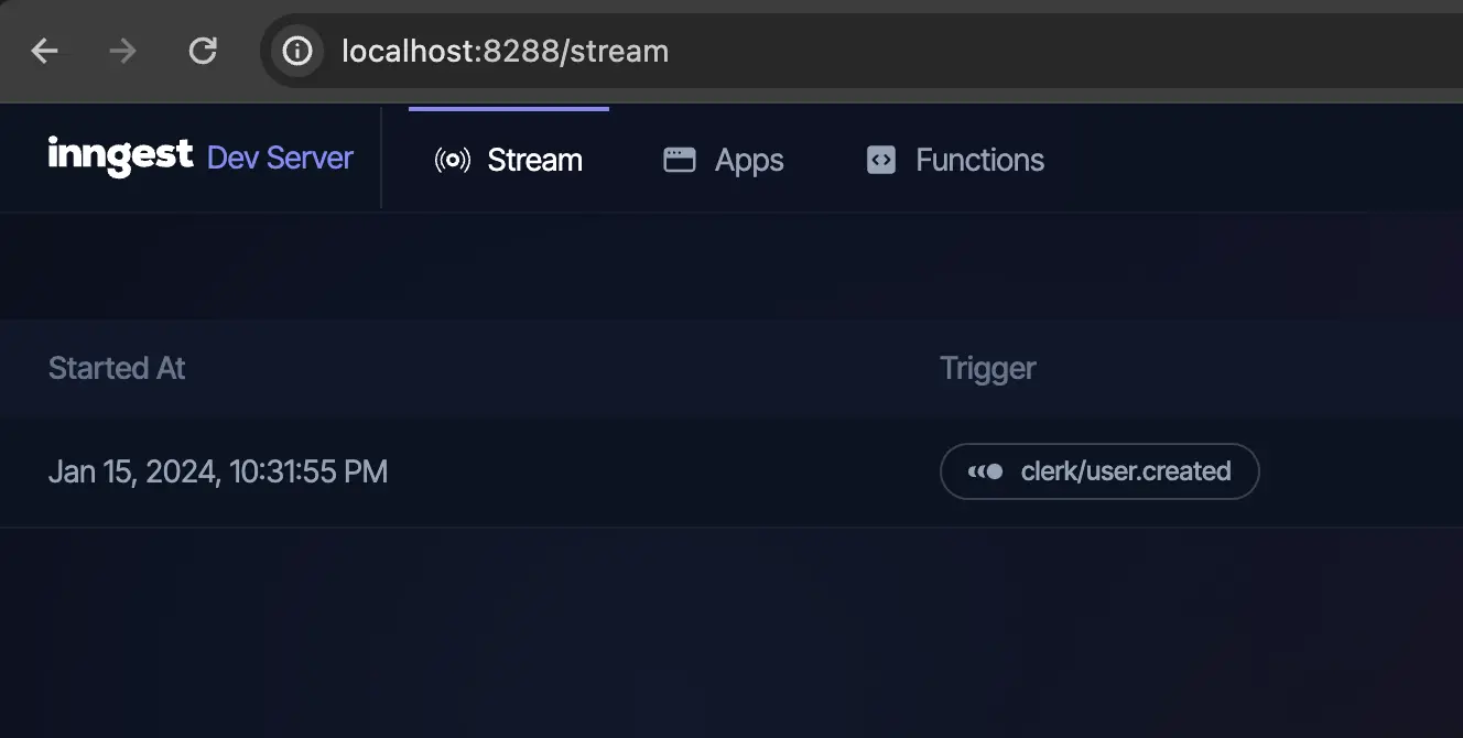 The Inngest Dev Server showing the Stream tab. The forwarded event is visible in the stream