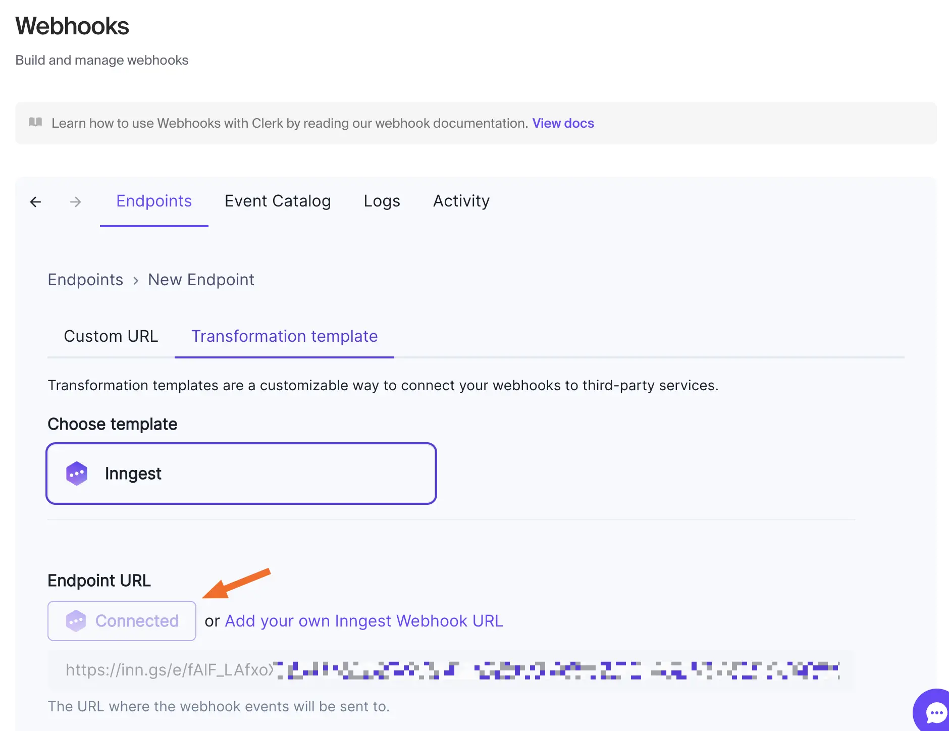 The Webhooks page in the Clerk Dashboard showing a connected Inngest account. A red arrow points to the Connected button