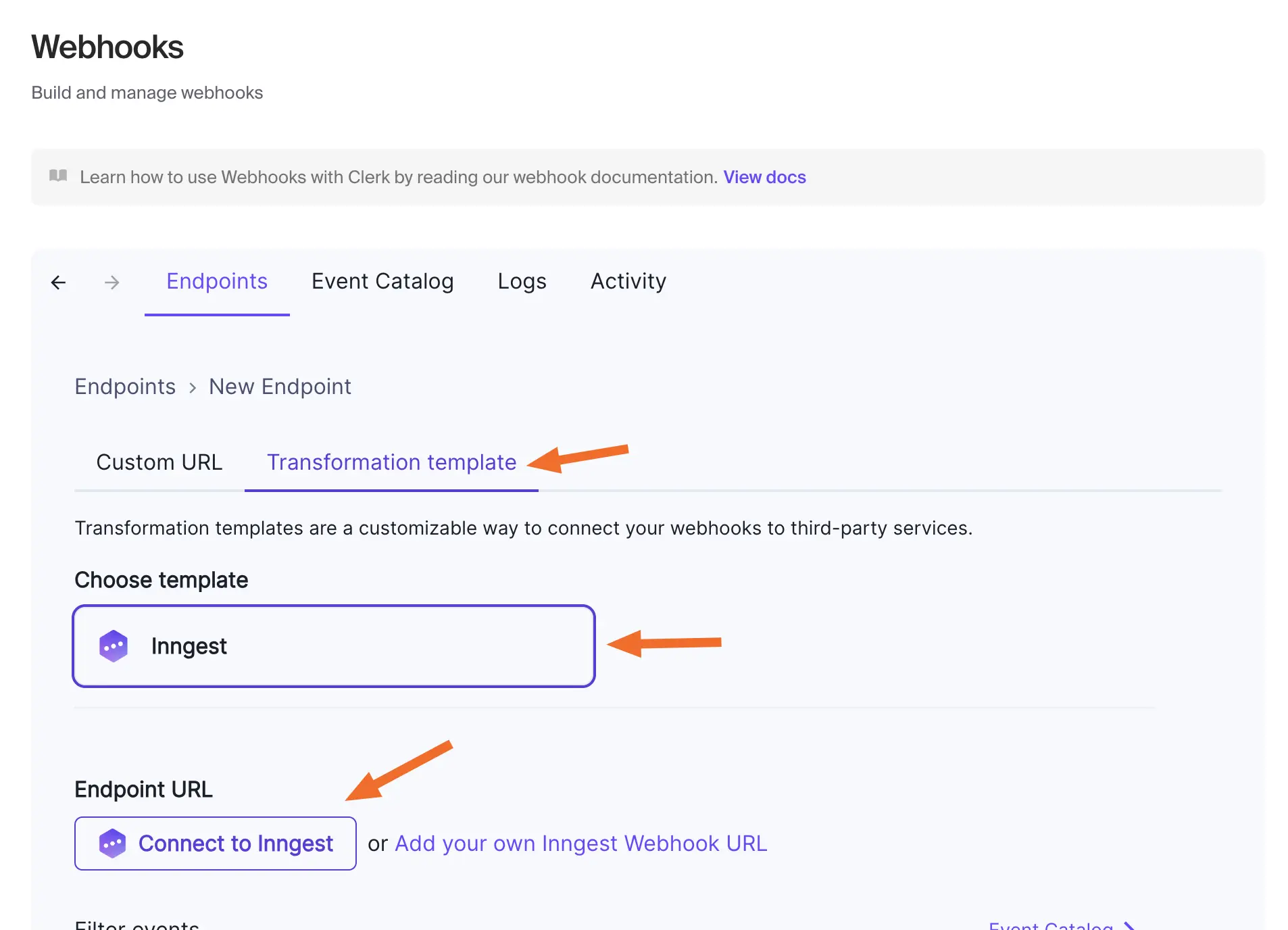 The Webhooks page in the Clerk Dashboard showing the Inngest transformation template. Red arrows point to the Transformation Template tab, the Inngest template, and the Connect to Inngest button