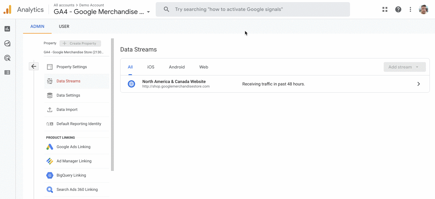 A gif showing how to access the measurement ID in the Google Analytics UI