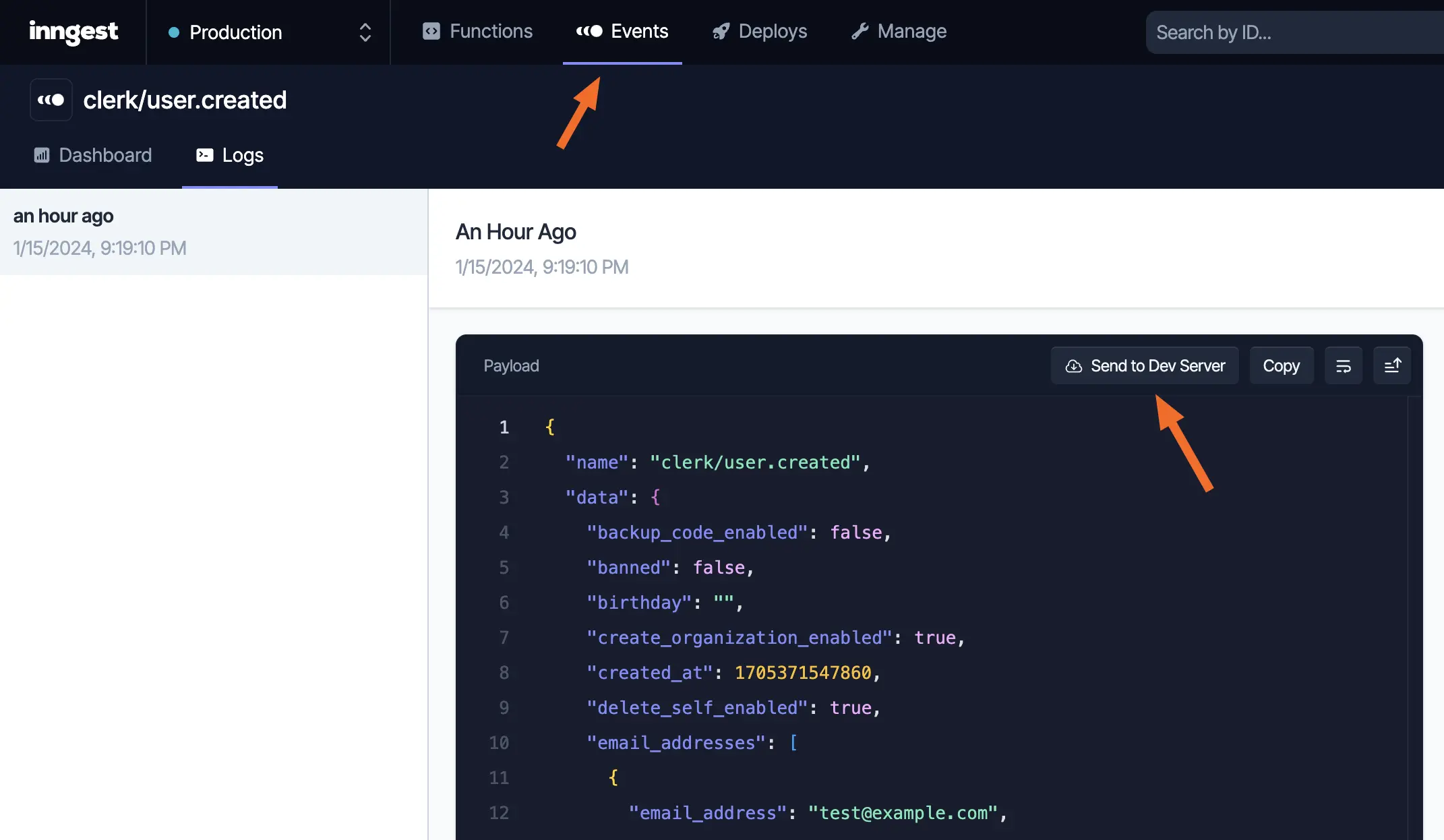 The Inngest Dashboard showing an individual event payload. Red arrows point to the Events tab and the Send to Dev Server button